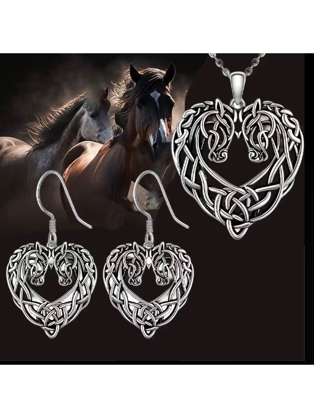 Stunning Heart Horse Necklace & Earrings Set, Antique Silver look